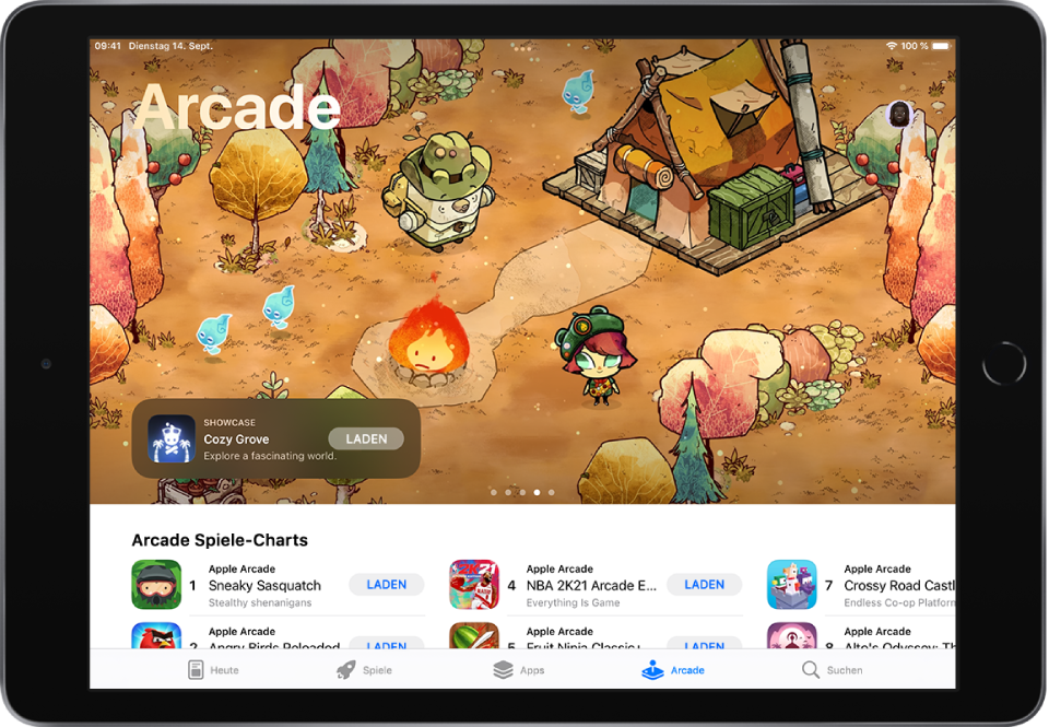 Der Bildschirm „Arcade“ im App Store zeigt oben ein Spiel und in der Mitte „Top Arcade Games“. Unten befinden sich von links nach rechts die Tabs „Heute“, „Spiele“, „Arcade“ und „Suchen“.