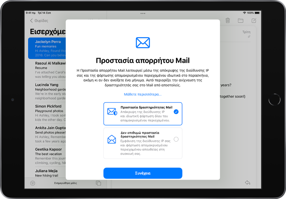 Το πλαίσιο διαλόγου διαμόρφωσης «Προστασία απορρήτου Mail», το οποίο περιγράφει τις δυνατότητες και παρέχει δύο επιλογές: «Προστασία δραστηριότητας email» και «Χωρίς προστασία δραστηριότητας email».