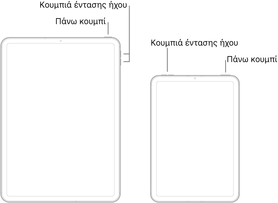 Εικόνες δύο διαφορετικών μοντέλων iPad με τις οθόνες τους στραμμένες προς τα πάνω. Στην εικόνα στα αριστερά φαίνονται τα κουμπιά αύξησης και μείωσης της έντασης ήχου στη δεξιά πλευρά της συσκευής. Το πάνω κουμπί εμφανίζεται κοντά στο δεξί άκρο. Στην εικόνα τέρμα δεξιά φαίνονται τα κουμπιά αυξομείωσης της έντασης ήχου στην πάνω πλευρά της συσκευής κοντά στο αριστερό άκρο. Το πάνω κουμπί εμφανίζεται κοντά στο δεξί άκρο.