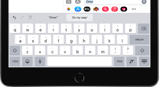 A message with the text shortcut OMW typed in the text field and the phrase “On my way!” suggested below as replacement text.