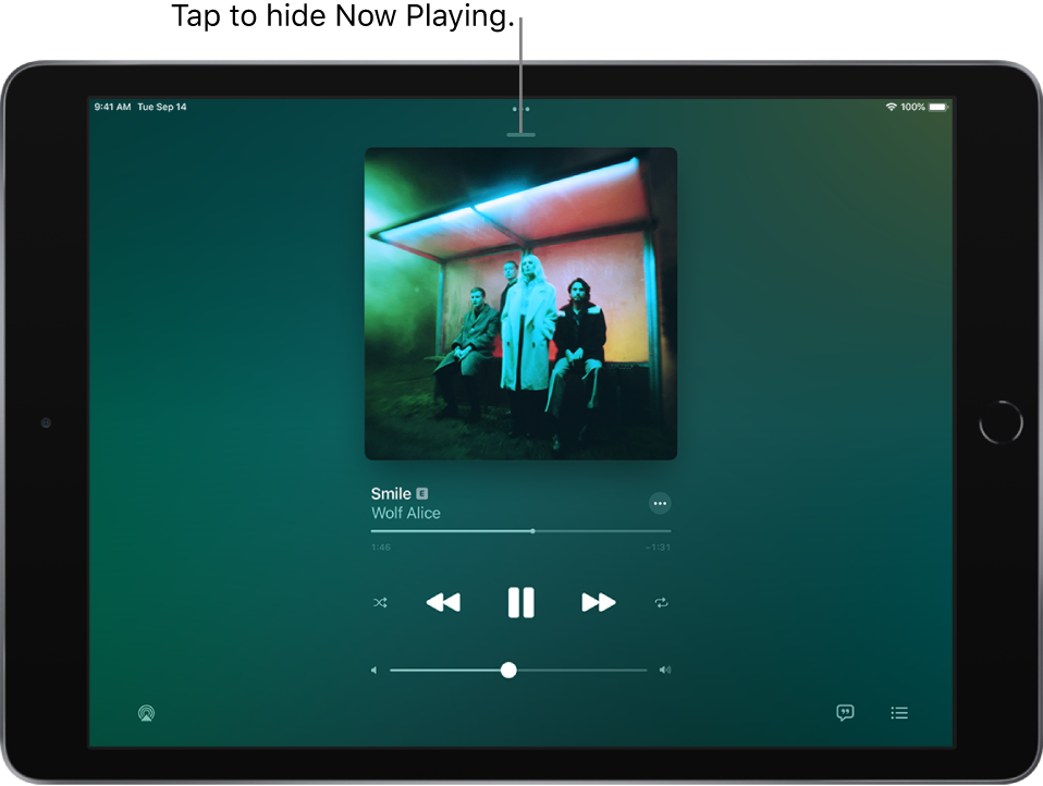 The Now Playing screen showing the album art. Below are the song title, artist name, More button, playhead, play controls, volume slider, Lyrics button, Playback Destination button, and Queue button. The Hide Now Playing button is at the top.