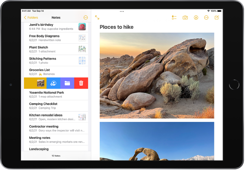 iPad in landscape orientation with the Notes app open. The notes list appears on the left, with the selected note open on the right. In the notes list, the note has been swiped left and the options to share the note, add the note to a folder, and delete the note are visible.
