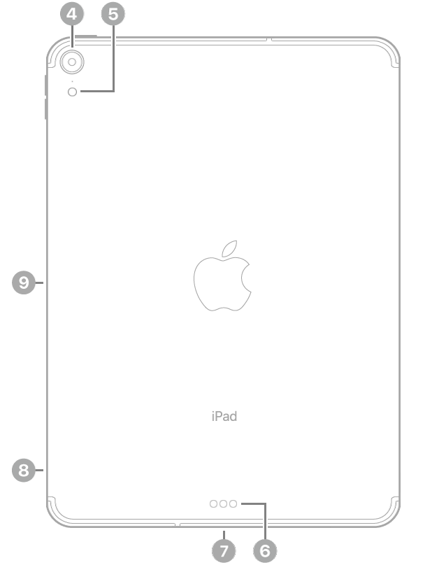 The back view of iPad Pro with callouts to the rear camera and flash at the top left, Smart Connector and USB-C connector at the bottom center, the SIM tray (Wi-Fi + Cellular) at the bottom left, and the magnetic connector for Apple Pencil on the left.