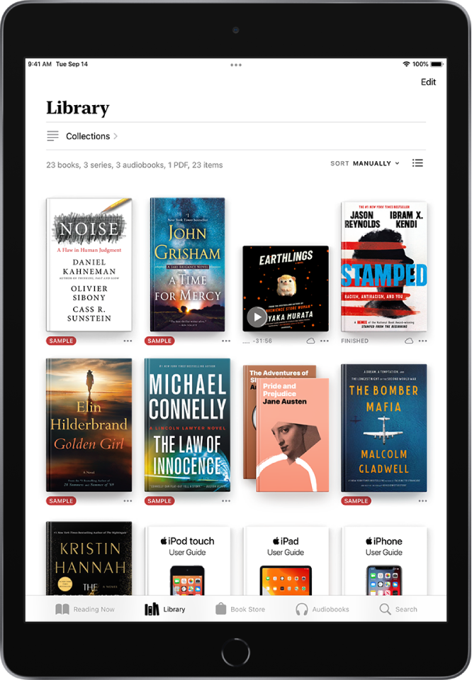 The Library screen in the Books app. At the top of the screen is the Collections button and sorting options. The sort option Recent is selected. In the middle of the screen are covers of books in the library. At the bottom of the screen are, from left to right, the Reading Now, Library, Book Store, Audiobooks, and Search tabs.