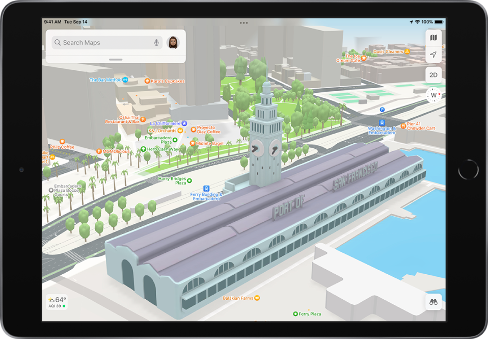 A 3D street map showing buildings, streets, and a park.