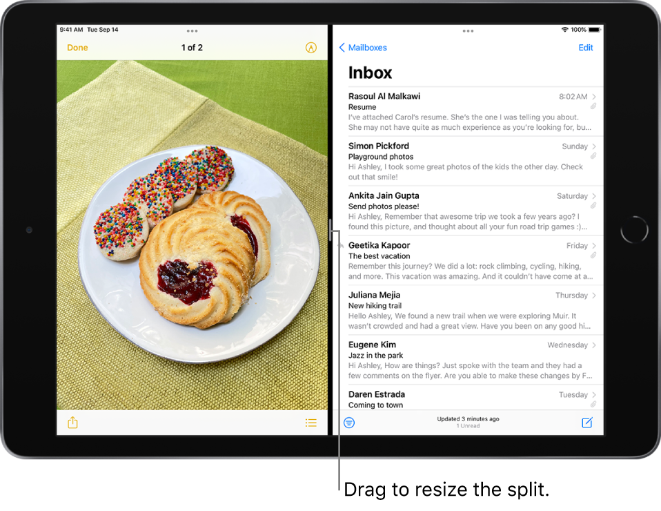屏幕左侧打开了一个图形应用程序，右侧打开了邮件。应用程序之间有一个可调节的分隔符，用于调整分割的大小。