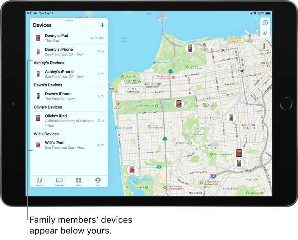 The Find My app open to the Devices tab. Danny’s devices are at the top of the list. Below are the devices of Ashley, Dawn, Olivia, and Will. Their locations are shown on a map of San Francisco.