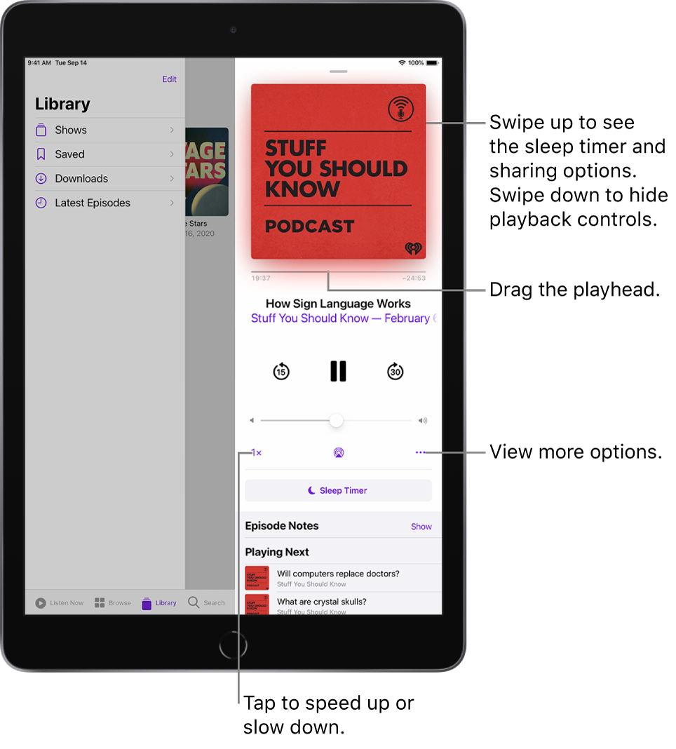 Podcast playback controls on the right side of the screen. In the center is the control for playing or pausing the podcast. Below it is the volume control. At the top of the screen is a slider to rewind or move ahead in the podcast. In the bottom-left corner is the control for changing the playback speed. In the bottom-right corner is the More button.