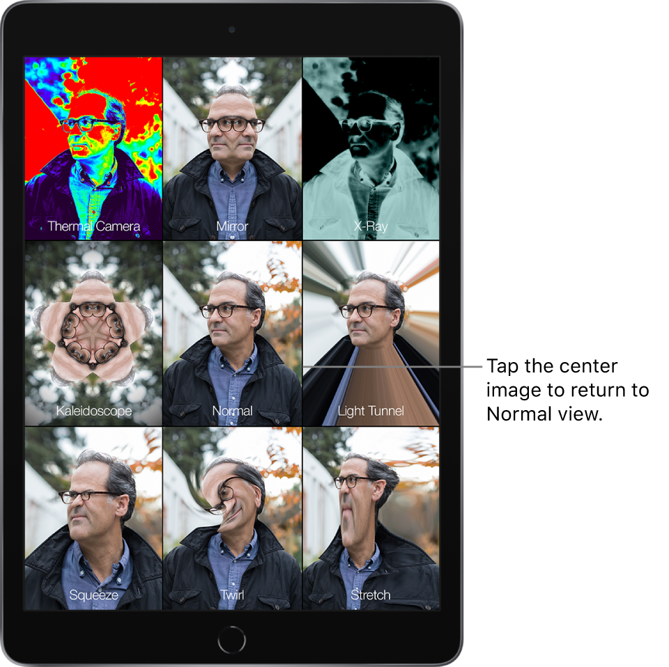 A Photo Booth screen showing nine views of a man’s face with different effects in separate tiles. In the top row, left to right, are the Thermal Camera, Mirror, and X-Ray effects. In the middle row, left to right, are the Kaleidoscope, Normal, and Light Tunnel effects. In the bottom row, left to right, are the Squeeze, Twirl, and Stretch effects.