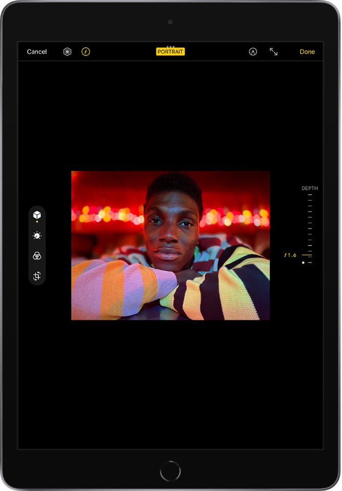 A Portrait mode photo is in the center of the Edit screen. The Cancel, Light Control, and Depth Adjustment buttons are in the top-left corner and Depth Adjustment is selected. In the top center of the screen, the Depth Effect button is on. In the top-right corner are the Mark Up, Enter Full Screen, and Done buttons. The editing tools are on the left side of the screen: from the top to bottom, Portrait Controls, Adjust, Filters, and Crop. Portrait Controls is selected. On the right side of the screen is the Depth Control slider to adjust intensity.