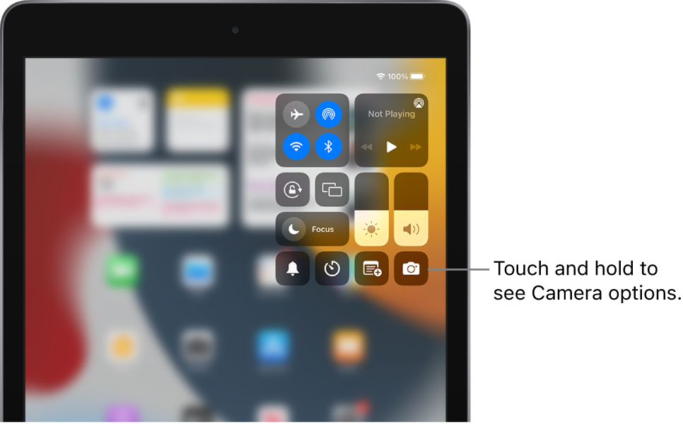 Controls for airplane mode, cellular data, Wi-Fi, and Bluetooth in the top-left group in Control Center for Wi-Fi + Cellular iPad models. The Camera control is at the bottom right.