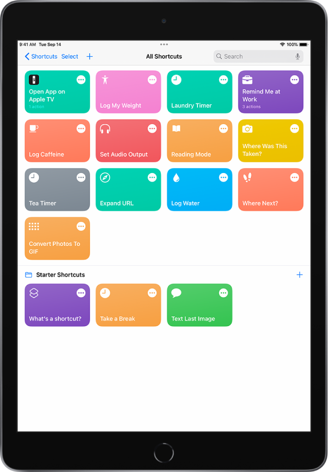 The My Shortcuts tab. At the top is a search field. Below that are shortcuts to complete common everyday tasks such as making a PDF, sharing your location, and setting a laundry timer. At the bottom are the Automation and Gallery tabs.