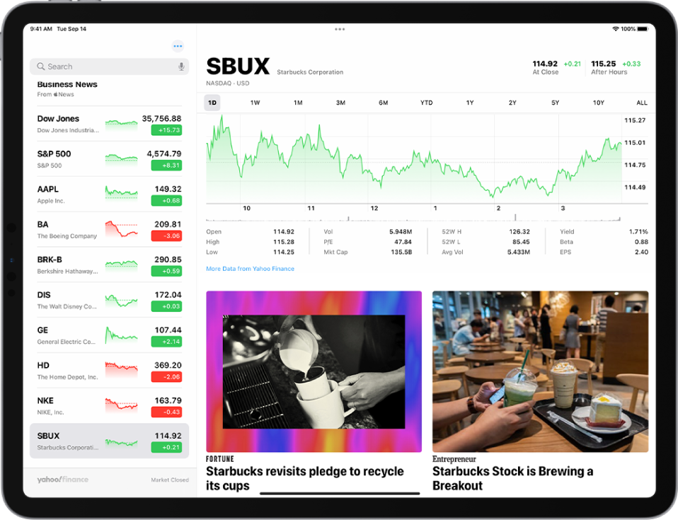 The Stocks screen in landscape orientation. The search field is in the top-left corner. Below the search field is the watchlist. A stock in the watchlist is selected. In the middle of the screen a chart shows the performance of the selected stock; the one day view is selected. Above the chart are buttons to display the stock performance by one day, one week, one month, three months, six months, one year, two years, five years, or ten years. Below the chart are stock details such as opening price, high, low, and market cap. Below the chart details are Apple News articles related to stock.