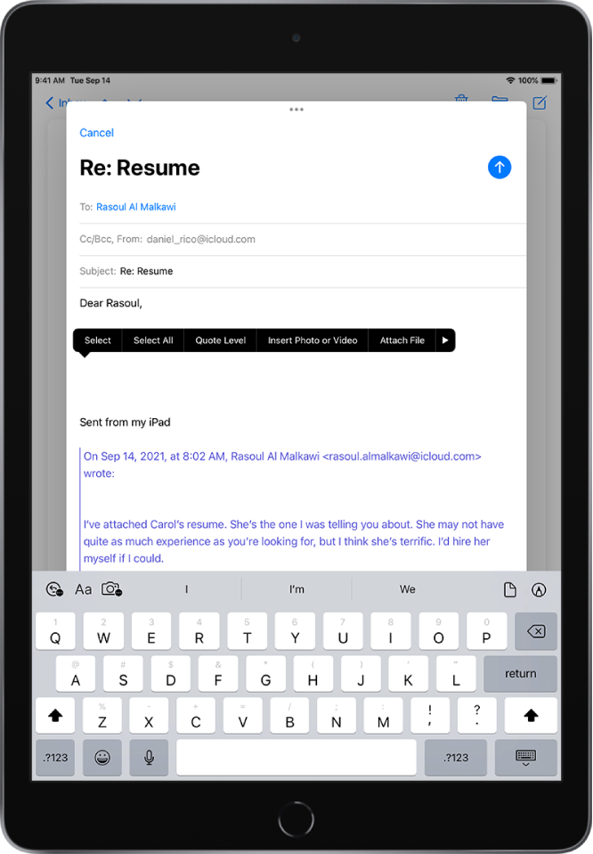 A draft email being composed with options for adding attachments visible above the keyboard. There are options for editing text, inserting images and photos, inserting a saved file, or drawing in the email.