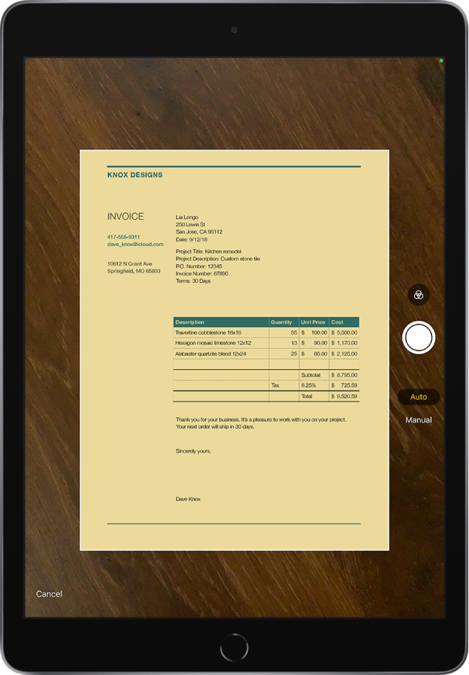 A screen showing a document being scanned. The Take Picture button is at the middle of the right edge.