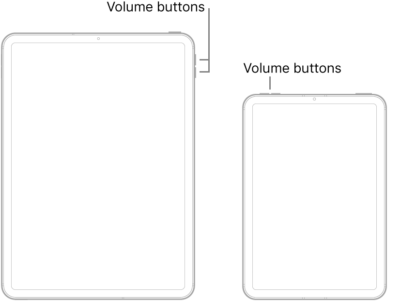 Two different iPad models shown from the front. The model on the left has the volume buttons near the upper-right side and the top button on the top right. The model on the right has the volume buttons on the top left and the top/Touch ID button on the top right.