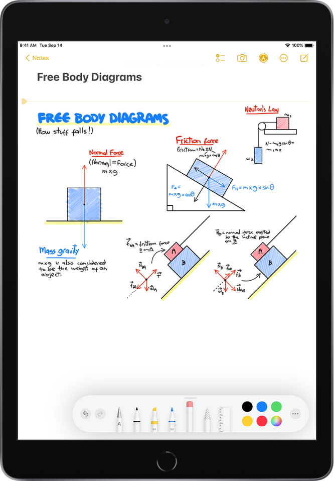 Hand-drawn force diagrams in the Notes app are shown with formulas and notes. The Markup toolbar appears along the bottom of the screen, showing drawing tools and color selections.