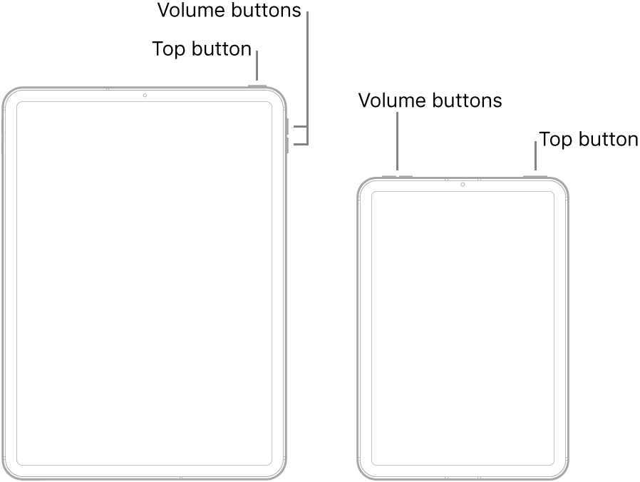 Illustrations of two different iPad models with the screens facing up. The leftmost illustration shows the volume up and volume down buttons on the right side of the device. The top button is shown near the right edge. The rightmost illustration shows the volume up and volume down buttons on the top of the device near the left edge. The top button is shown near the right edge.
