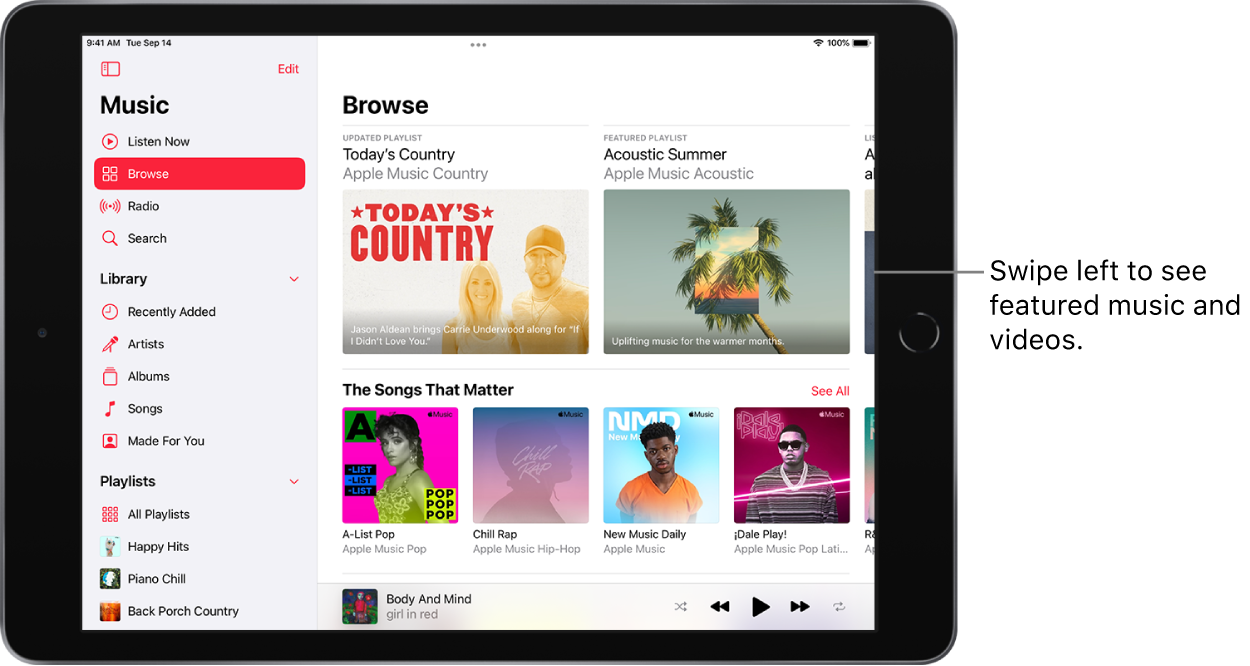 The Listen Now screen showing the sidebar on the left and the Browse section at the right. The Browse screen shows featured music at the top. Swipe left to see featured music and videos. An Our Playlist Picks section appears below, showing four Apple Music stations. A See All button is shown to the right of Our Playlist Picks.