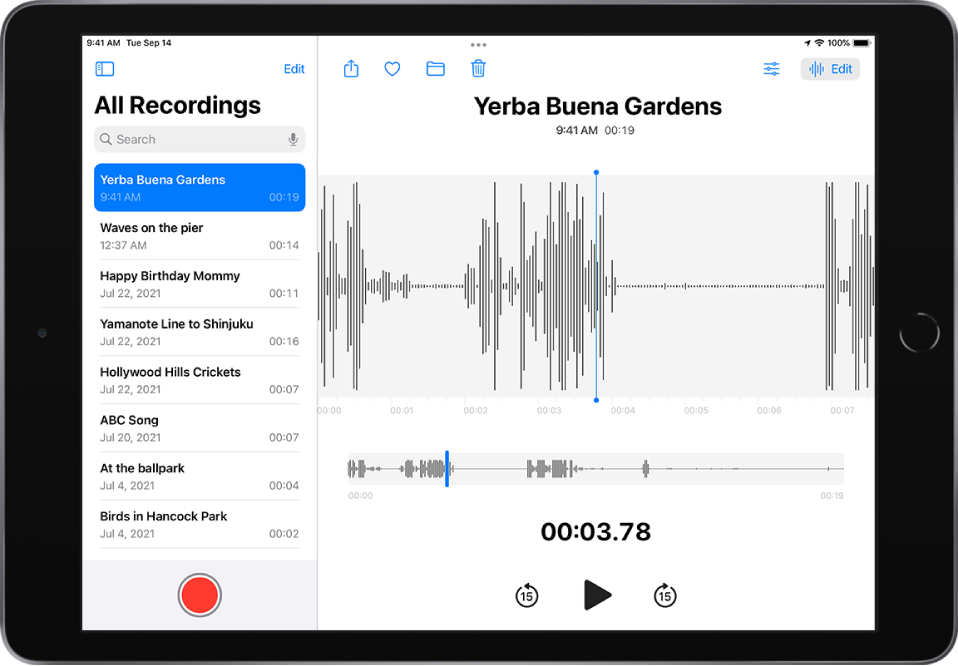 The Voice Memos list is on the left, with a selected recording at the top. On the right, the recording has a playhead, which you can drag the waveform through to go to a specific place in the recording, and a timeline below the waveform. Above are the Share, Favorite, Move, Delete, Playback Settings, and Edit buttons. Below the timeline are buttons to skip back 15 seconds, play, and skip forward 15 seconds.