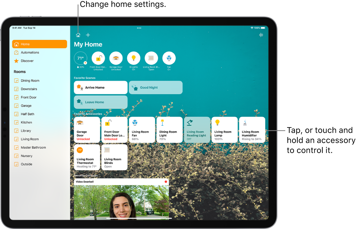 The Home app with the sidebar on the left, showing Home, Automation, and Discover tabs near the top left. Rooms within the home appear below. To the right of the sidebar, at the top, are the Home Settings button and Add button. The Intercom button is at the top right. Six status buttons appear near the top—thermostat, lock, garage door, lights, shades, and fan. Below that are scenes and accessories that have been marked as favorites. At the bottom is an image taken with a video doorbell.