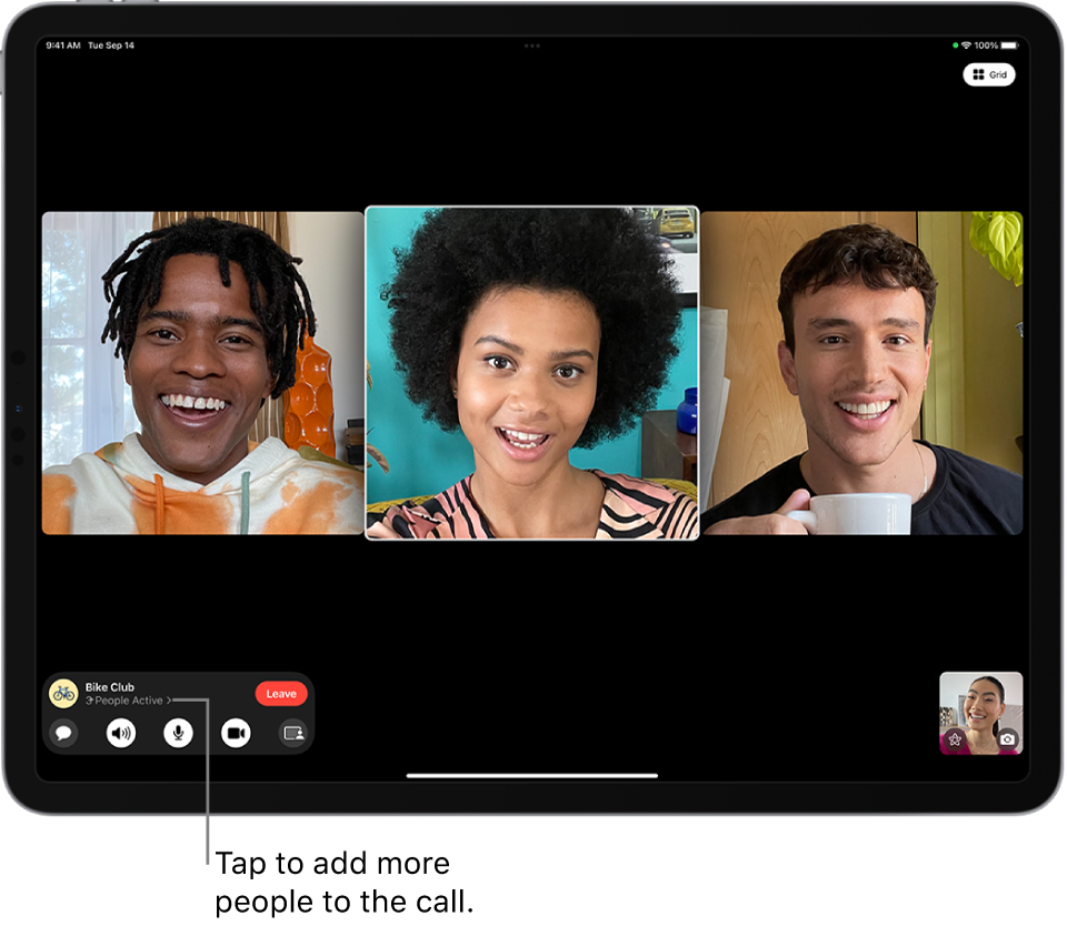 A Group FaceTime call with four participants, including the originator. Each participant appears in a separate tile.