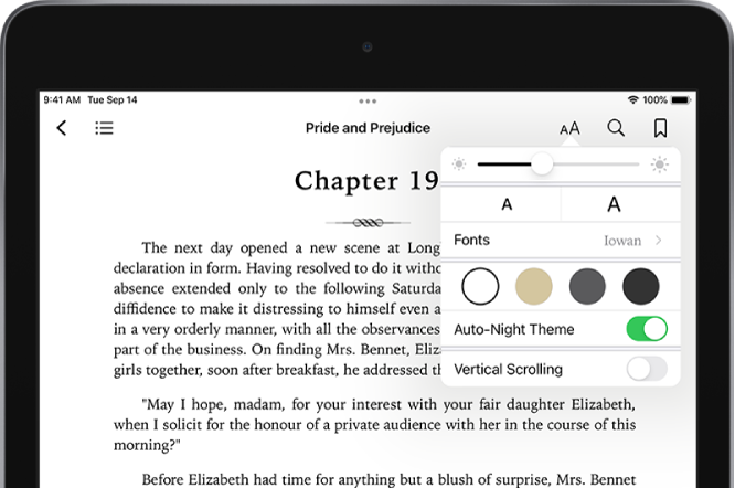 The appearance menu in a book is selected showing controls for, from top to bottom, brightness, font size, style of font, page color, auto-night theme, and scrolling view.