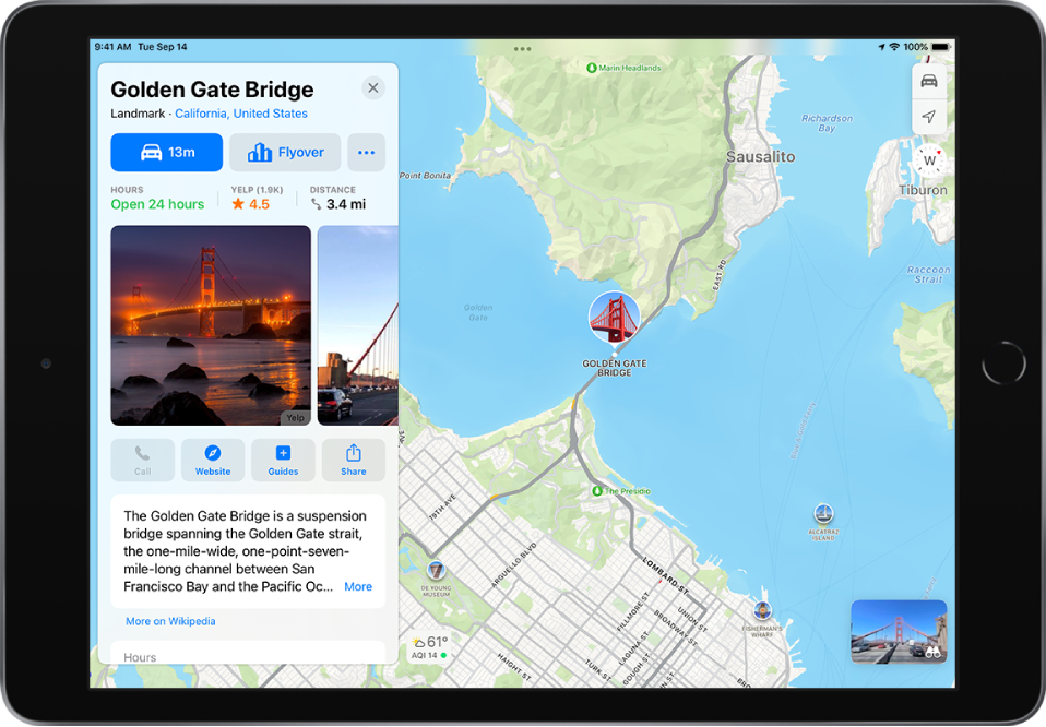 A map showing the Golden Gate Bridge. On the left side of the screen, an information card for the Golden Gate Bridge shows a Flyover button below a Directions button.