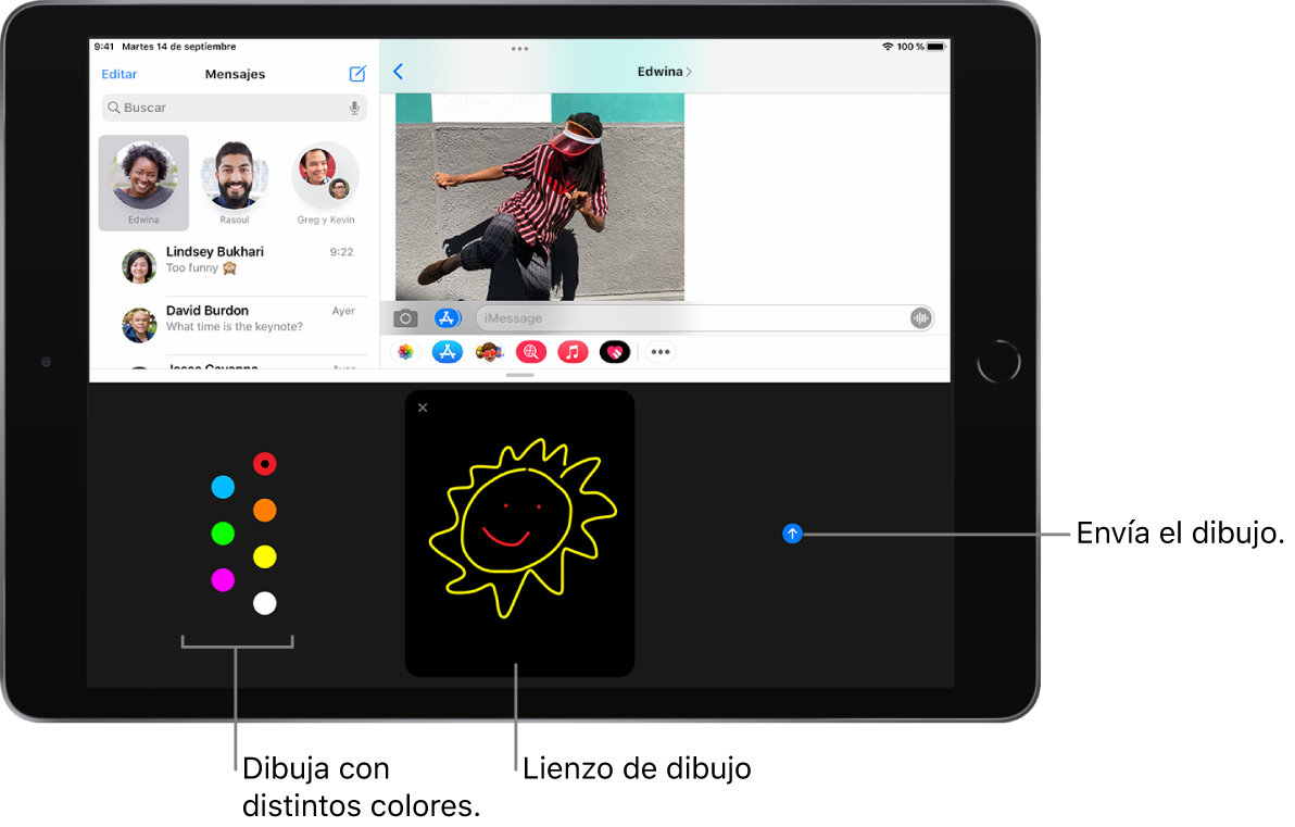 Una pantalla de Mensajes con la pantalla Digital Touch en la parte inferior. Las opciones de colores se encuentran a la izquierda; el lienzo de dibujo, en el centro, y el botón Enviar, a la derecha.