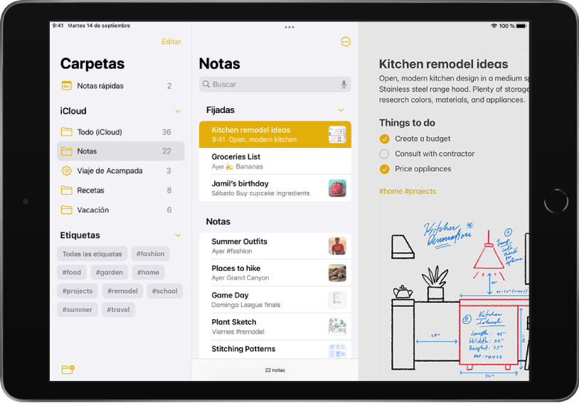 iPad en orientación horizontal con la app Notas abierta. En el lado izquierdo de la pantalla, de arriba a abajo, se encuentran las siguientes opciones: Carpetas, iCloud y Etiquetas. El campo de búsqueda está en la parte superior central de la pantalla, seguido de Fijadas y Notas. En la parte derecha de la pantalla hay una nota abierta.