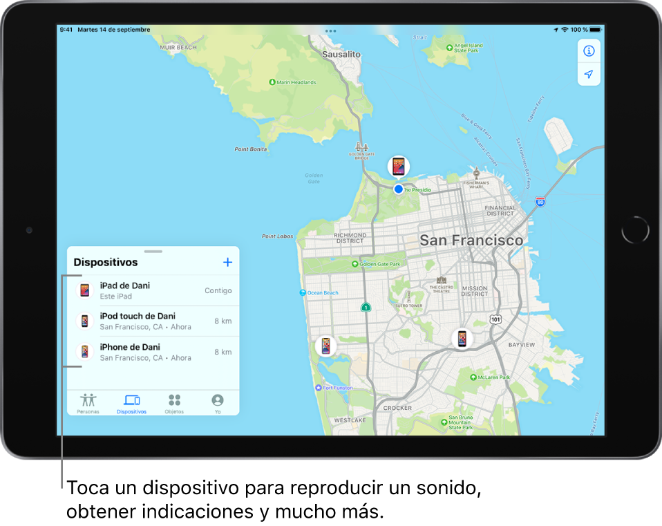  Pantalla Buscar abierta en la lista Dispositivos. Se indican tres dispositivos: iPad de Danny, iPod touch de Danny y iPhone de Danny. Sus ubicaciones se muestran en un mapa de San Francisco.