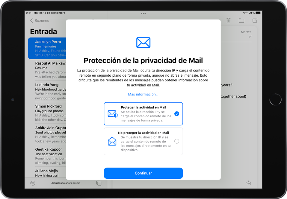 El cuadro de diálogo de configuración de la protección de la privacidad de Mail, que describe las funciones y ofrece dos opciones: “Proteger la actividad en Mail” y “No proteger la actividad en Mail”.