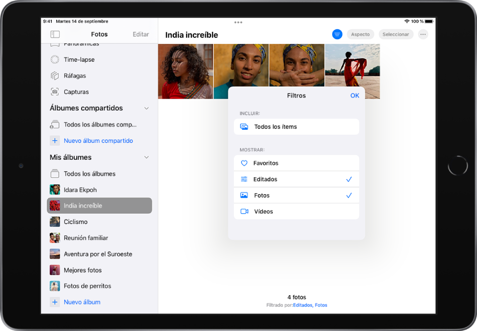 La barra lateral Fotos está abierta en la parte izquierda de la pantalla. Debajo del encabezado “Mis álbumes”, el álbum titulado “India increíble” está seleccionado. El resto de la pantalla del iPad muestra fotos del álbum y el menú Filtros. El menú Filtros incluye las siguientes opciones, de arriba a abajo: “Todos los ítems”, Favoritos, Editado, Fotos y Vídeos. Editado y Fotos están seleccionados. En la esquina superior derecha de la pantalla, el botón Filtros está seleccionado.