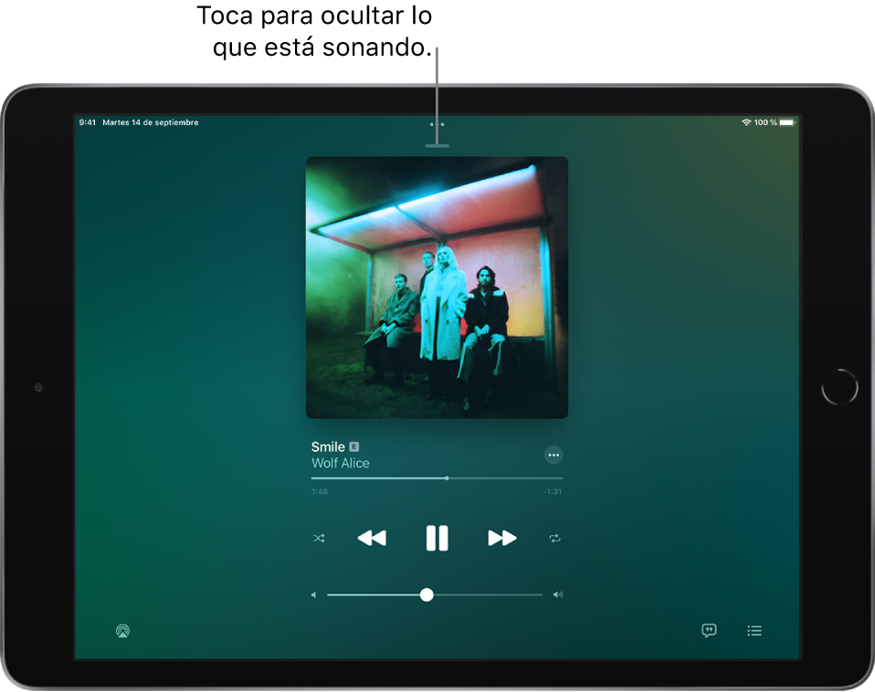 Pantalla “En reproducción” con la ilustración del álbum. Debajo se encuentran el título de la canción, el nombre del artista, el botón Más, el cursor de reproducción, los controles de reproducción, el regulador de volumen y los botones Letra, “Destino de la reproducción” y Cola. El botón de ocultar “En reproducción” se encuentra en la parte superior.