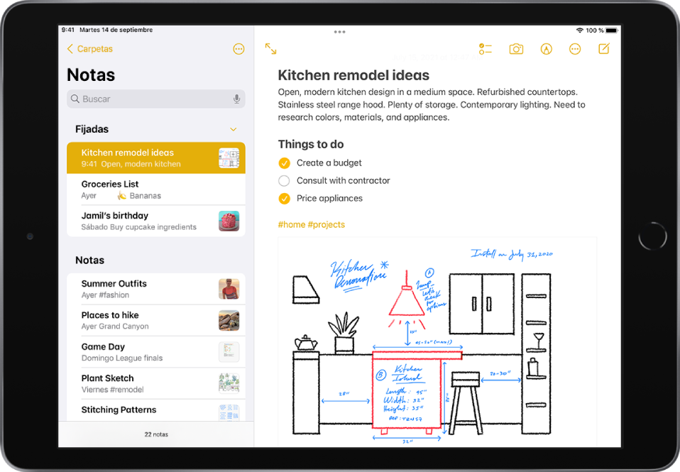 iPad en orientación horizontal con la app Notas abierta. La lista de notas aparece a la izquierda, con la nota seleccionada abierta a la derecha. En la esquina superior izquierda de la lista de notas, se muestra una flecha hacia atrás que se toca para ver carpetas y cuentas. En la esquina superior derecha de la nota, se muestran los botones para añadir una lista de comprobación, añadir una foto o escanear un documento, mostrar las herramientas de escritura a mano y crear una nota nueva.