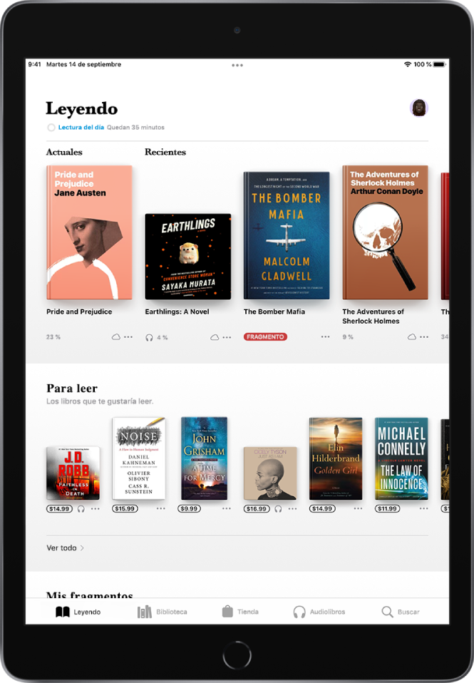 Pantalla de la app Libros. En la parte inferior de la pantalla, de izquierda a derecha, se muestran las pestañas Leyendo, Biblioteca, Tienda, Audiolibros y Buscar. La pestaña Leyendo está seleccionada. En la parte superior de la pantalla se encuentra la sección Leyendo, que muestra los libros que se están leyendo actualmente. Debajo está la sección “Para leer”, que incluye libros que pueden interesarte.