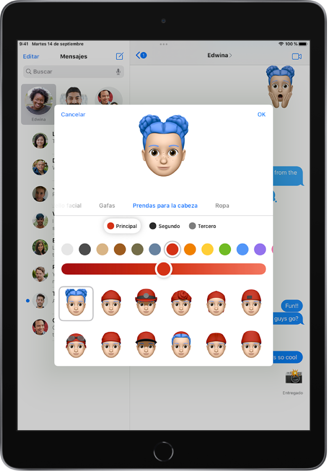 Pantalla para crear un Memoji, con el personaje que se está creando en la parte superior, las características para personalizarlo debajo del personaje y las opciones de la característica seleccionada en la parte inferior. El botón OK está en la parte superior derecha, mientras que en la parte superior izquierda se encuentra el botón Cancelar.