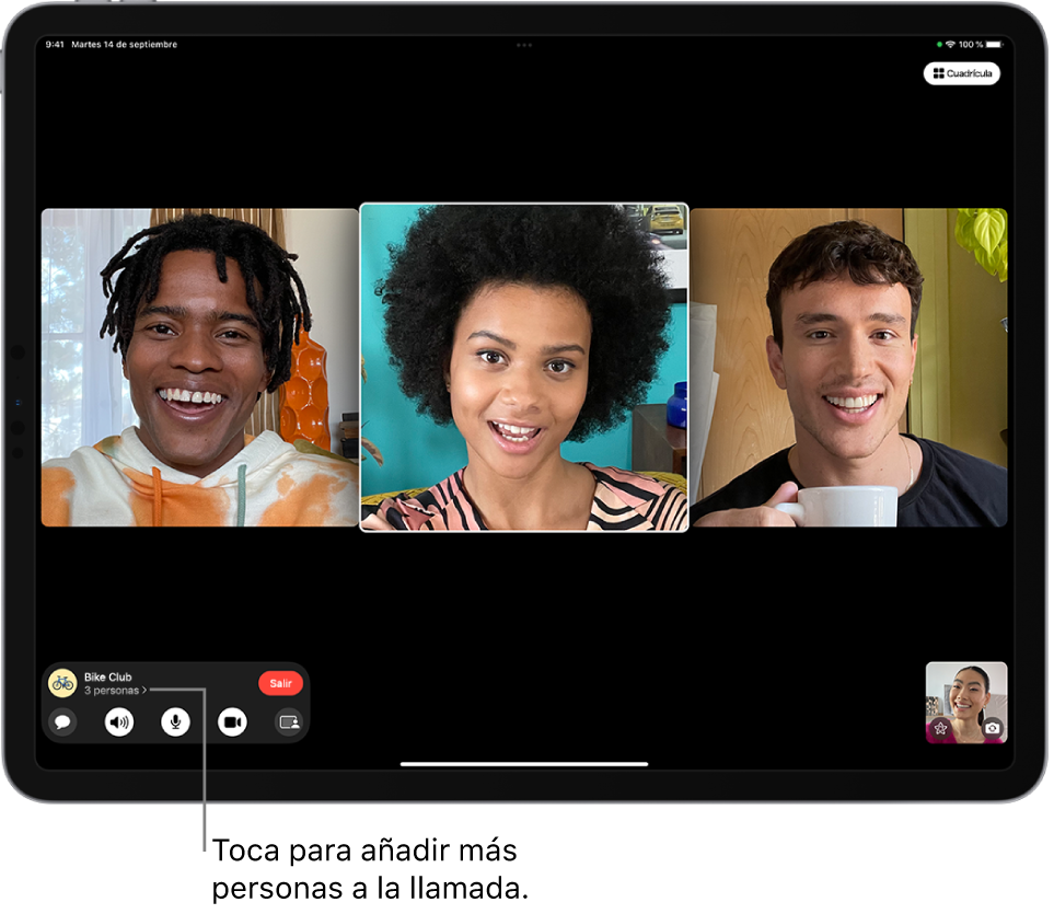 Una llamada de FaceTime en grupo con cuatro participantes, entre ellos la persona que ha realizado la llamada. Cada participante se muestra en un recuadro.