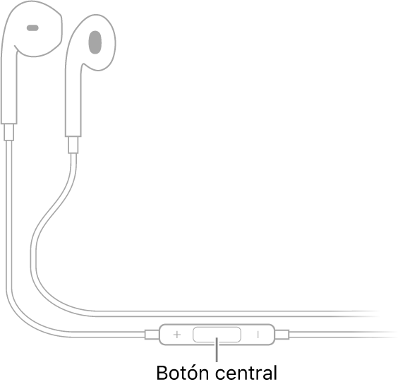 Apple EarPods; el botón central se encuentra en el cable que va al auricular del oído derecho.