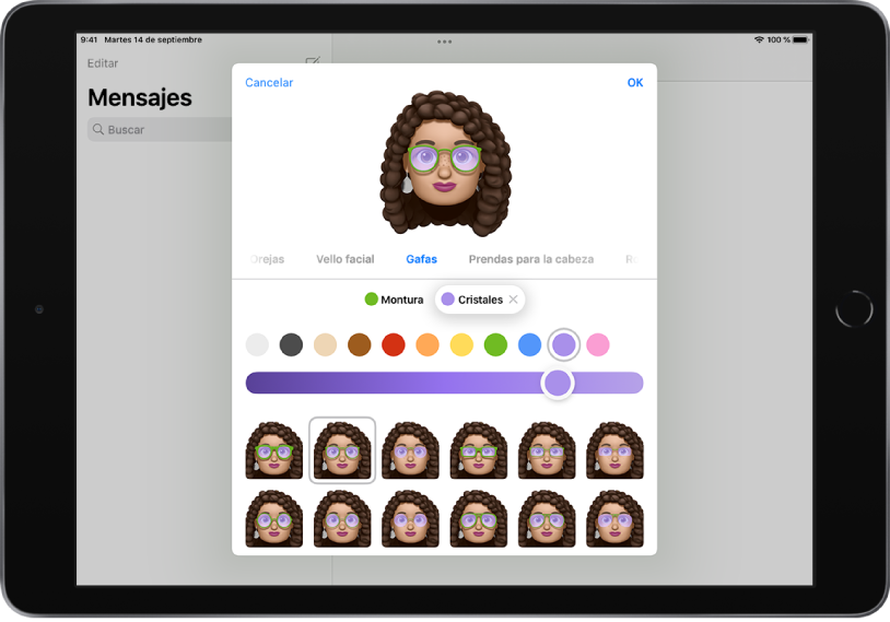 La pantalla para crear un Memoji en la app Mensajes, donde podrás elegir unas gafas.