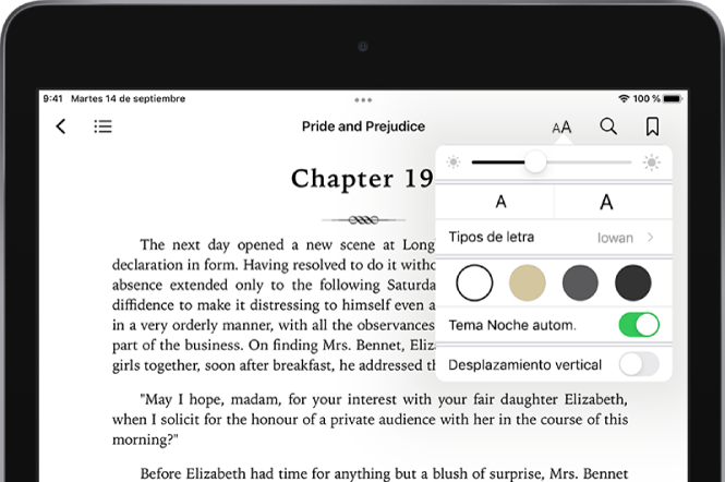 El menú Aspecto de un libro está seleccionado con los controles (de arriba a abajo) de brillo, tamaño de letra, estilo de letra, color de página, tema noche automático y desplazamiento.