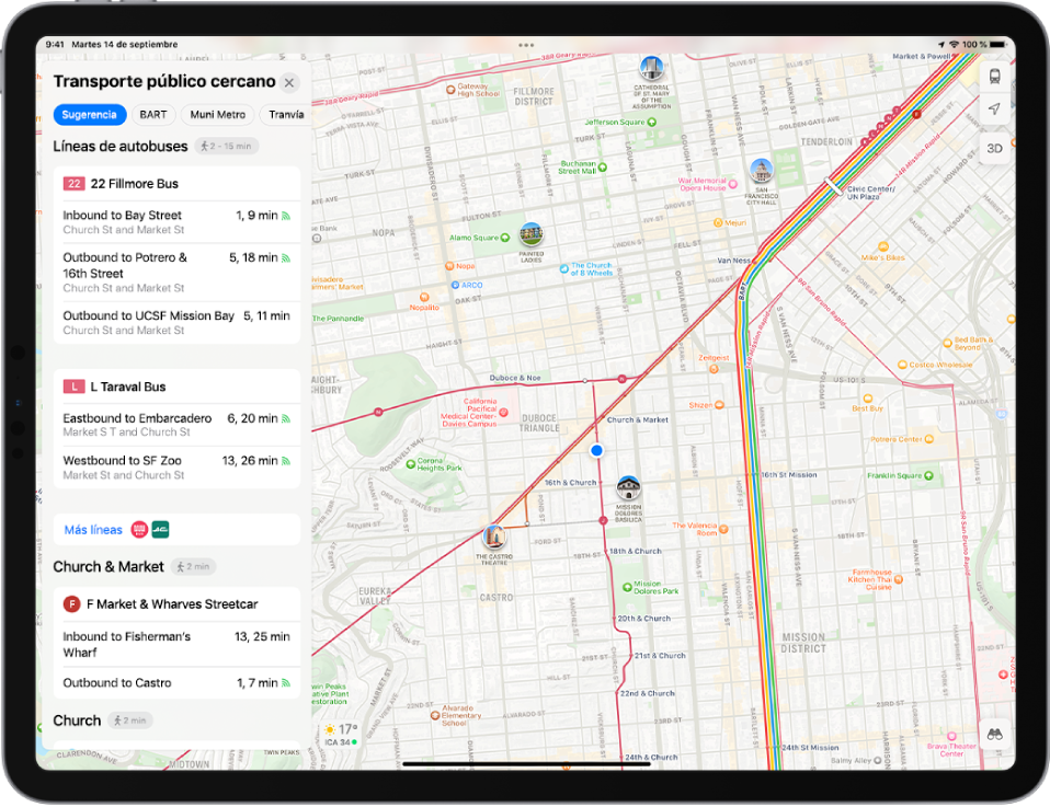 Mapa con las principales líneas de transporte público. La tarjeta de transporte público cercano de la izquierda muestra cuatro líneas sugeridas.