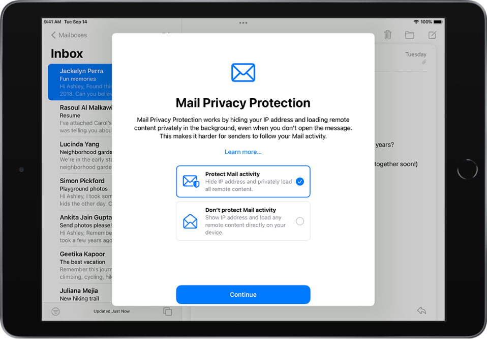Funktsiooni Mail Privacy Protection seadistamise dialoogaken, kus kirjeldatakse funktsiooni ning pakutakse kahte valikut: “Protect mail activity” ja “Don’t protect mail activity”.