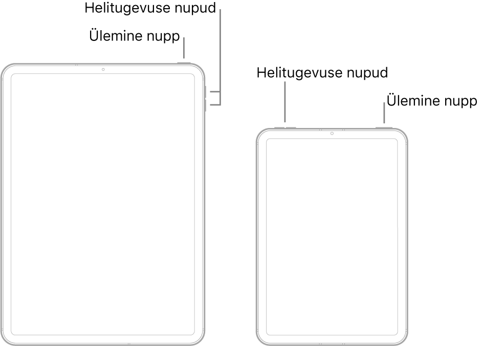 Kahe erineva iPadi mudeli joonised, kus nende ekraanid on suunatud ülespoole. Vasakpoolsel joonisel on näha, kuidas helitugevuse suurendamise ja vähendamise nupud asuvad seadme paremal küljel. Ülanupp asub parema serva läheduses. Parempoolsel joonisel kujutatakse seadme ülaosas vasaku serva läheduses helitugevuse suurendamise ja vähendamise nuppe. Ülanupp asub parema serva läheduses.