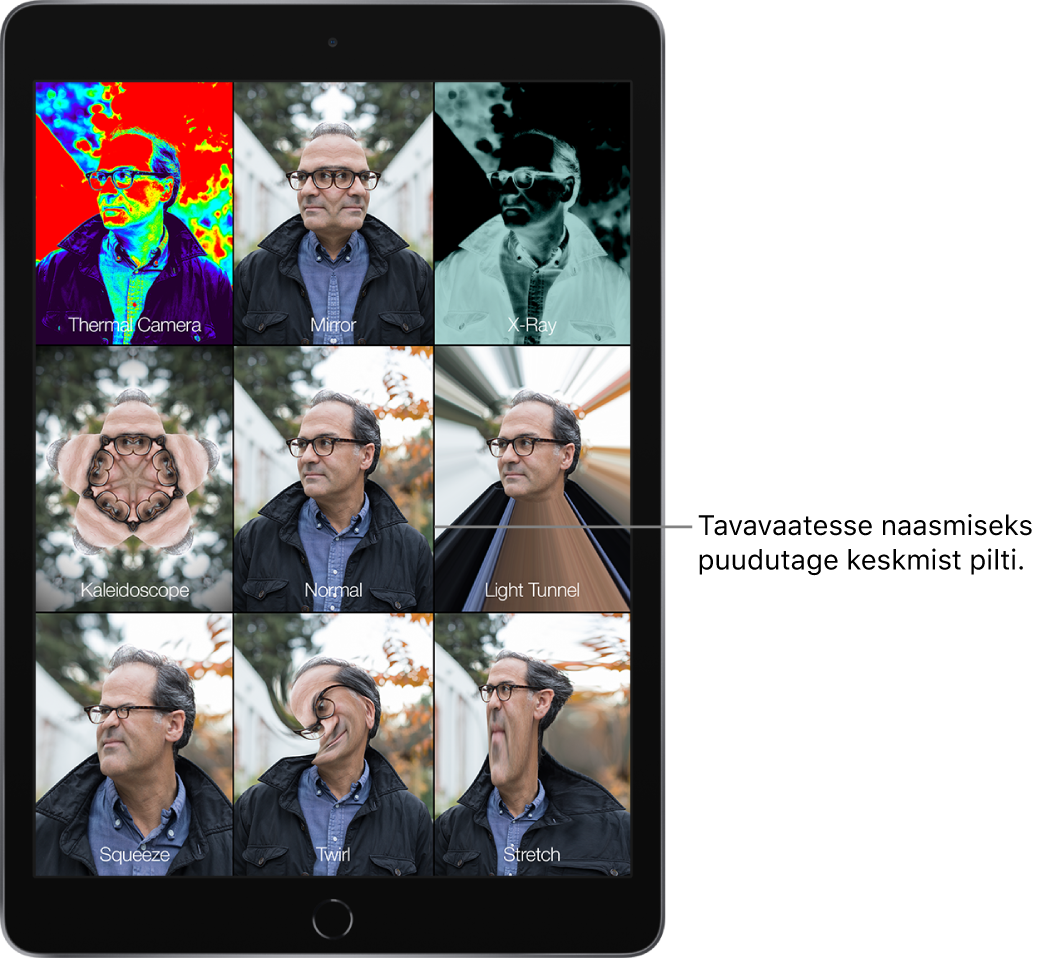 Photo Boothi kuva üheksa vaatega mehe näost erinevate efektidega eri paanidel. Ülemisel real on vasakult paremale efektid Thermal Camera, Mirror ja X-Ray. Keskmisel real on vasakult paremale efektid Kaleidoscope, Normal ja Light Tunnel. Alumisel real on vasakult paremale efektid Squeeze, Twirl ja Stretch.