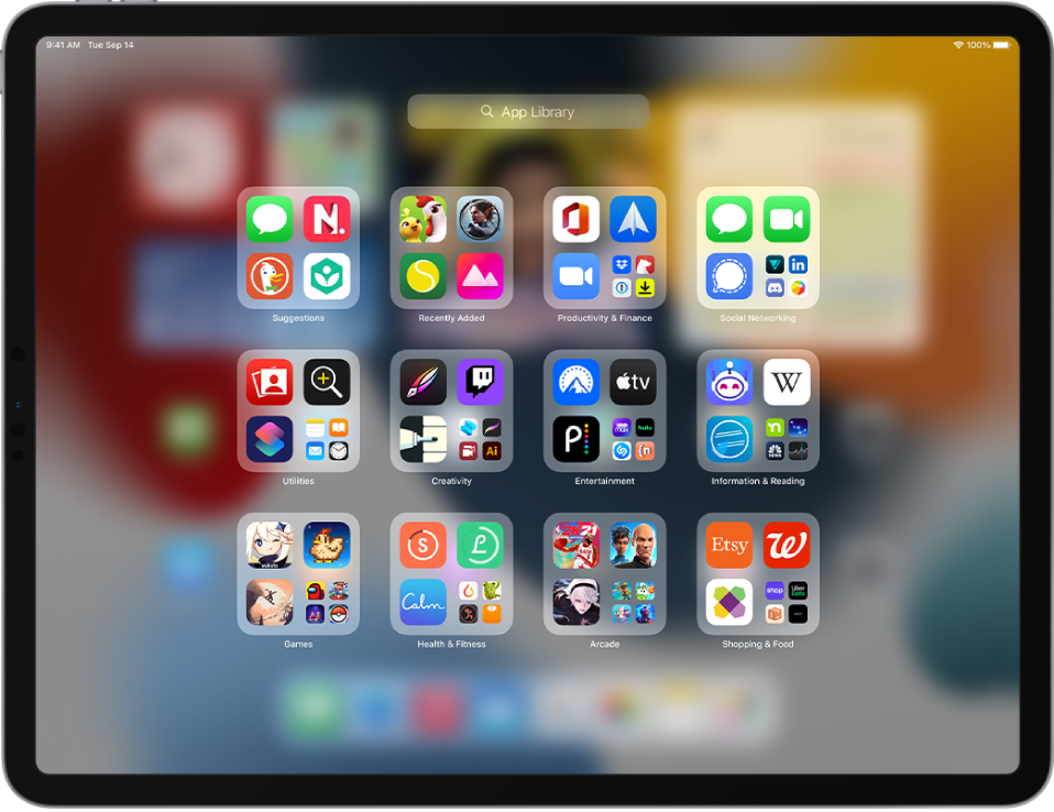 iPadi App Library kuvab rakendusi korrastatuna kategooriate (Productivity & Finance, Social Networking, Utilities, Creativity jne) kaupa.