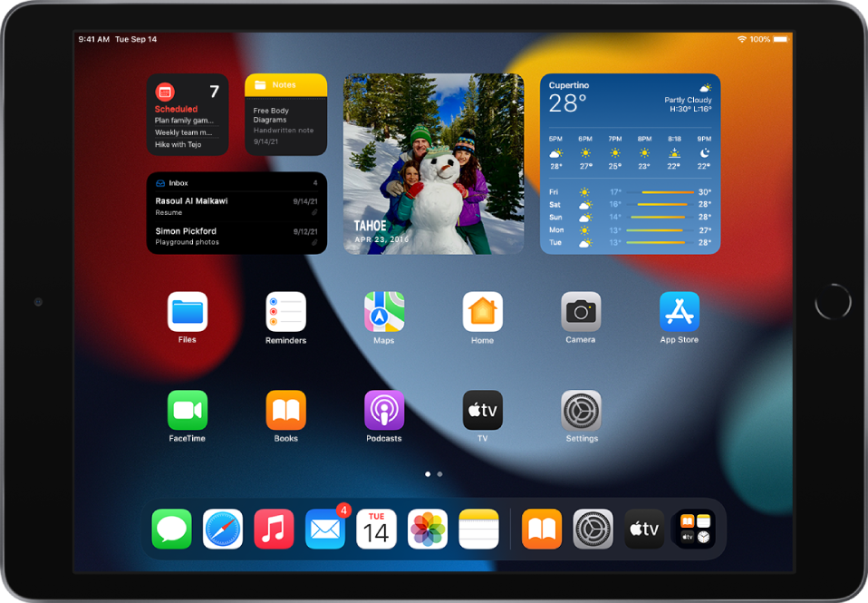 iPadi Home Screen-kuva sisselülitatud režiimiga Dark Mode.