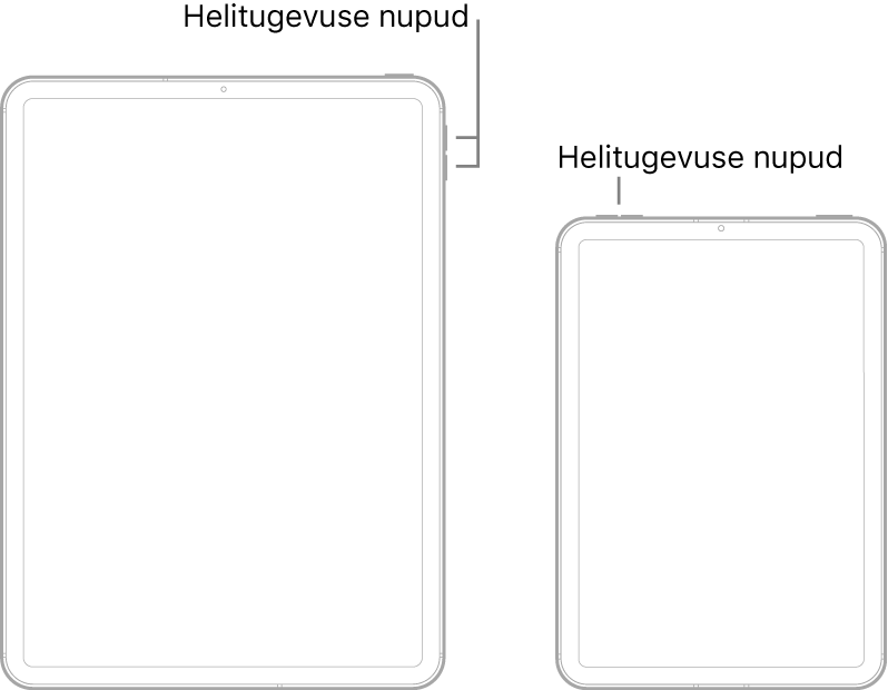 Kuvatakse kahe erineva iPadi mudeli esikülge. Vasakul oleval mudelil on helitugevuse nupud ülemises paremas servas ning ülanupp üleval paremal. Paremal oleval mudelil on helitugevuse nupud ülemises vasakus servas ning ülanupp / Touch ID-nupp üleval paremal.