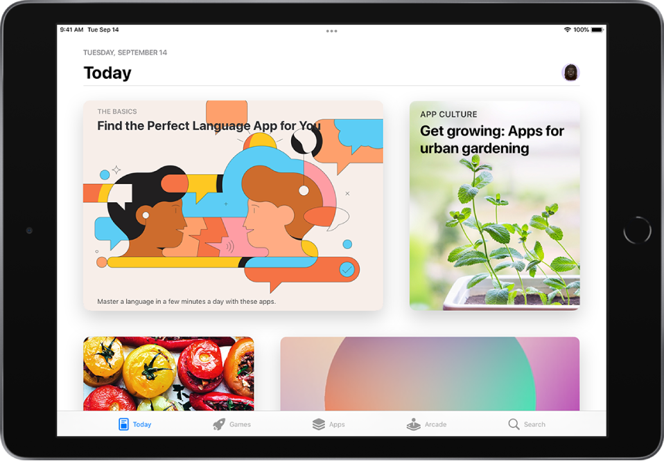 Today-kuva App Store'is, kus kuvatakse esiletõstetud lugu ja rakendust. Üleval paremal on teie profiilipilt. All asuvad (vasakult paremale) vahekaardid Today, Games, Apps, Arcade ja Search.