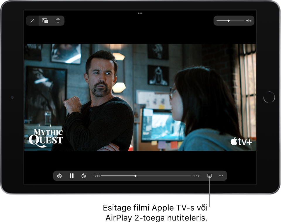 iPadi ekraanil esitatakse filmi. Ekraani allservas on taasesituse juhikud, sh all paremal AirPlay nupp.